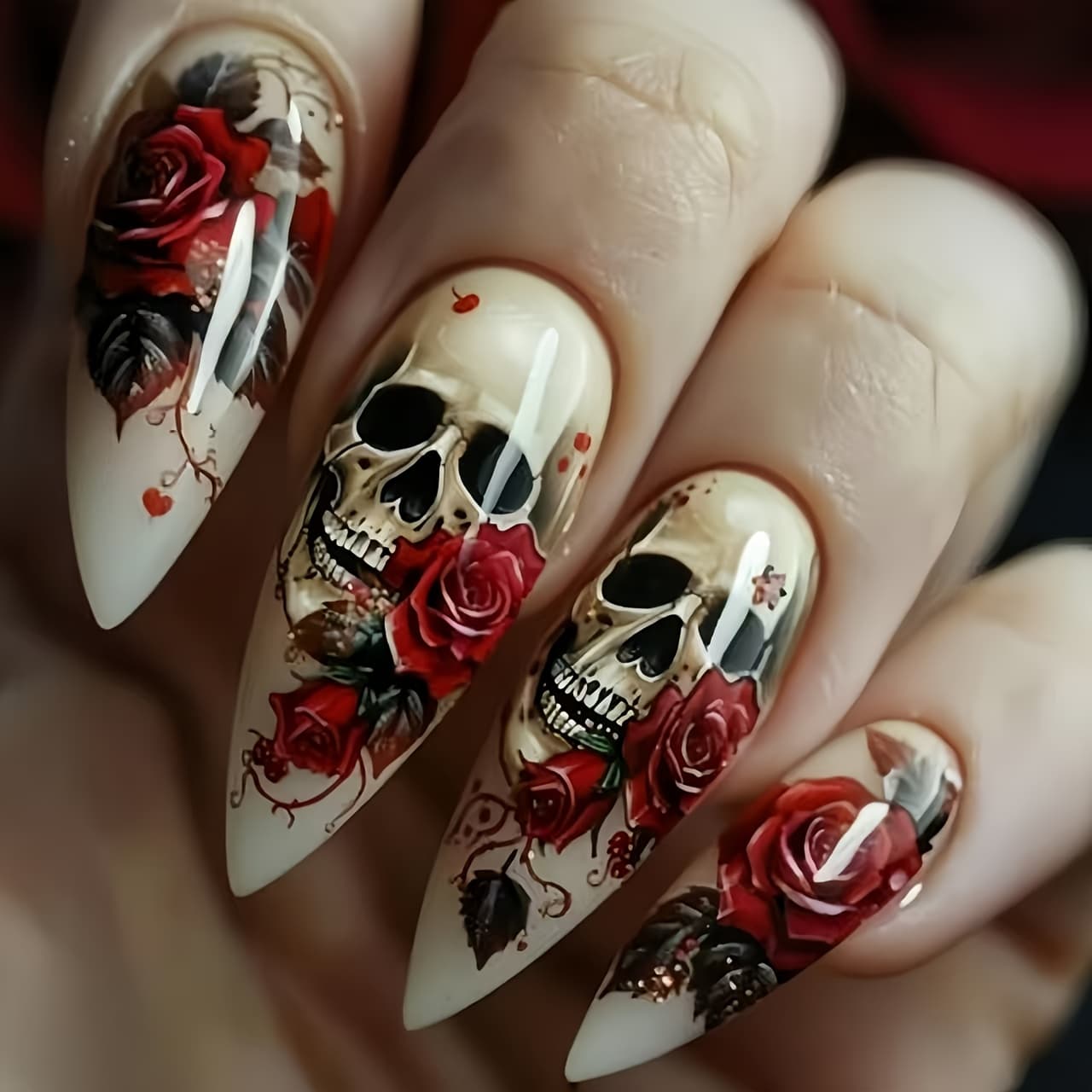 TEMU Skeleton Red Rose Halloween Press On Nails Glossy Full Cover Long Almond False Nails Women Diy Manicure 24pcs