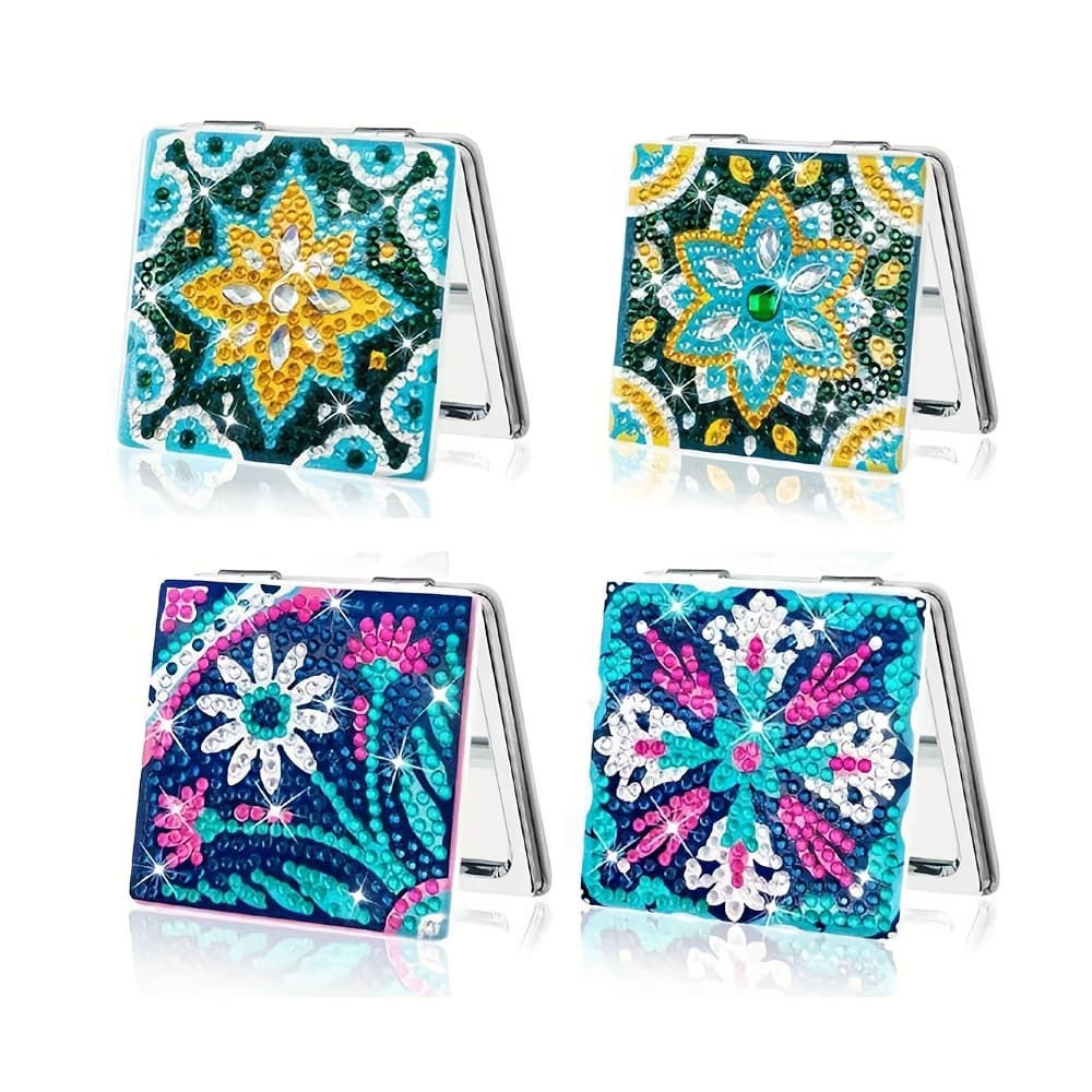 TEMU 4pcs Mini Diamond Painting Pocket Mirror Set – Portable Makeup Mirror For Women, Fits /handbag, Cute Handmade Gift For Girls And Ladies, Surprise Present