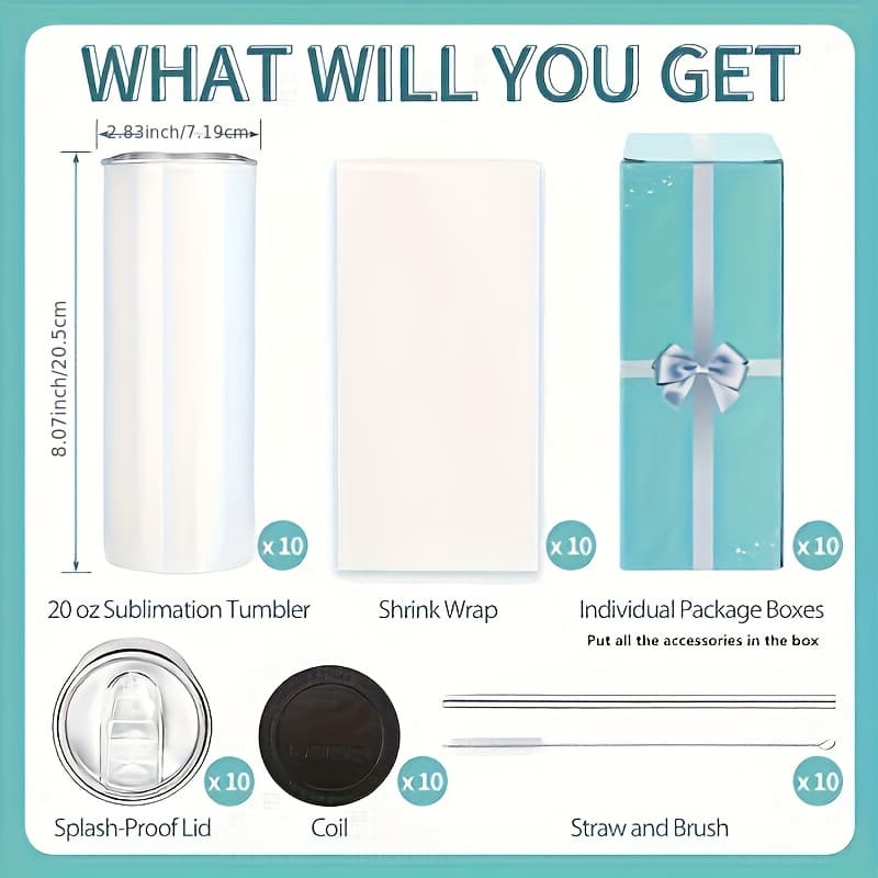 TEMU 10 Pack Sublimation Tumblers Blank 20oz Straight Skinny With Sublimation Papers, Lids And Straws, Individual Gift , Double Wall Insulated Tumbler For Mug Press Machine