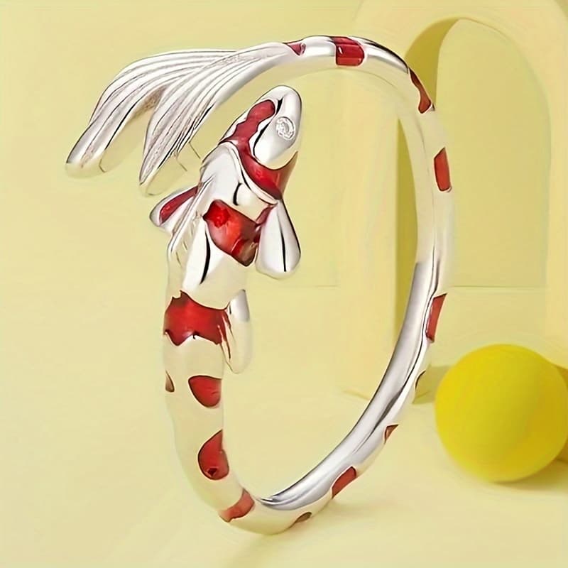 TEMU 1pc Women's Fashion Ring Creative Red Enamel Carp Fish Open Adjustable Ring Ladies Daily Casual Vacation Ring Birthday Gift