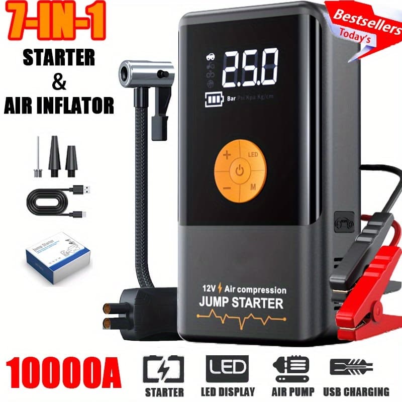 TEMU 10000a-18000a High-current Car Starter With Air Compressor, 366psi Inflator, For 12v (all Gas/all ). , Protections, Fast Usb, Led Light, Storage Bag. Hurricane Emergency Lighting, .nice Gift