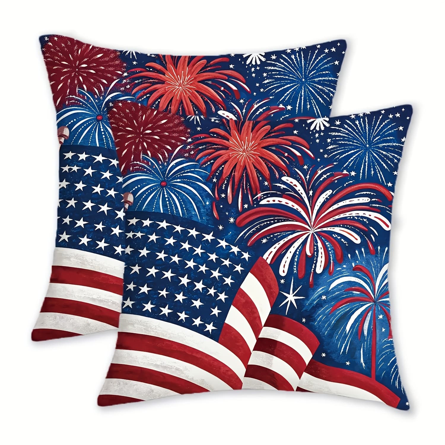 TEMU 2d Flat – 2-pack Flat Throw Pillow Covers With Patriotic American Featuring Fireworks, In Blue And Red With Stars And Stripes. Cushion Cases Are Made Of 100% Polyester, With A Zipper Closure