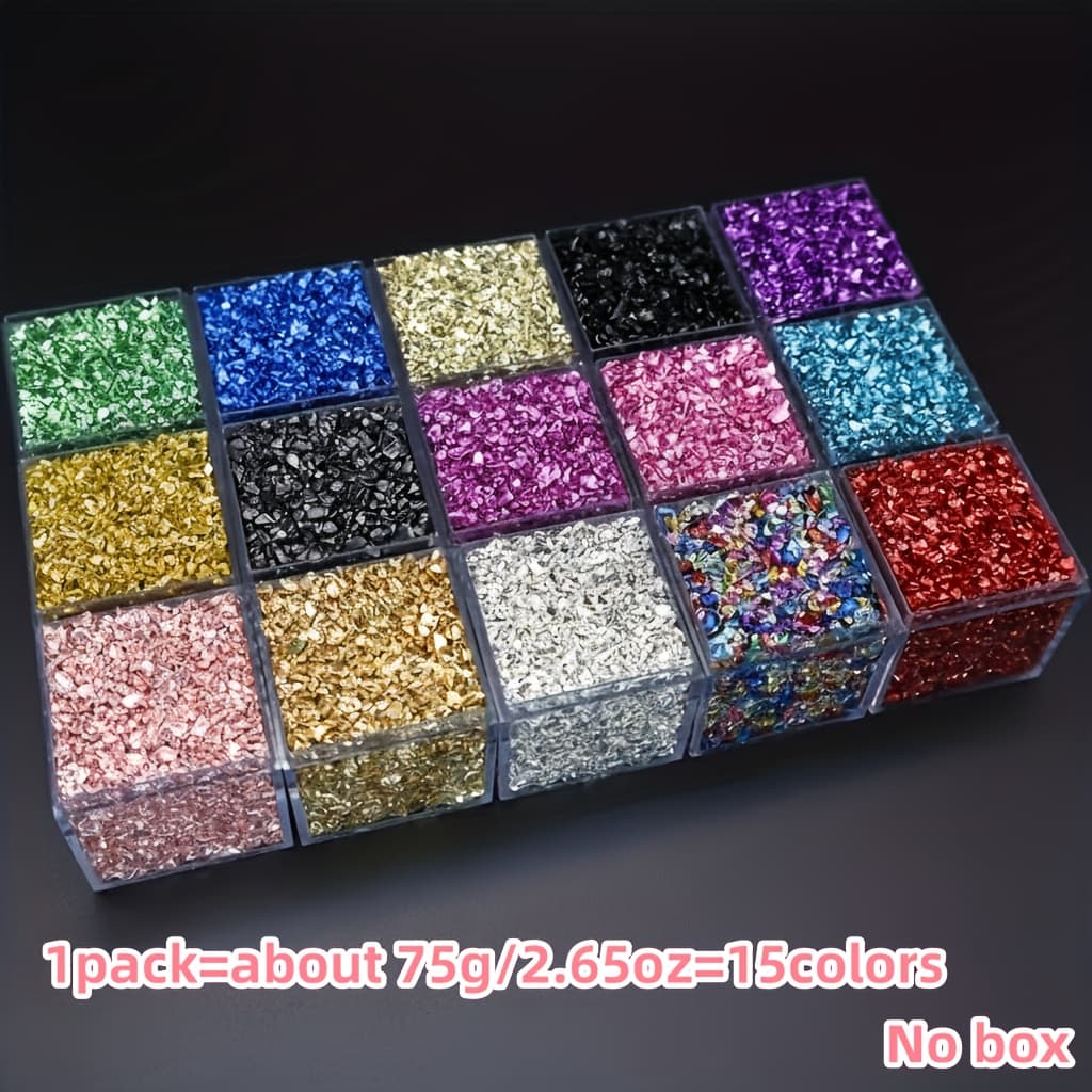 TEMU 15 Colors/75g/2.65oz 1-4mm, High-quality Irregular Crushed Glass For Resin Crafts, Nail Decoration, Jewelry Making, Diamond Painting, Home Decor, And Vase Filling