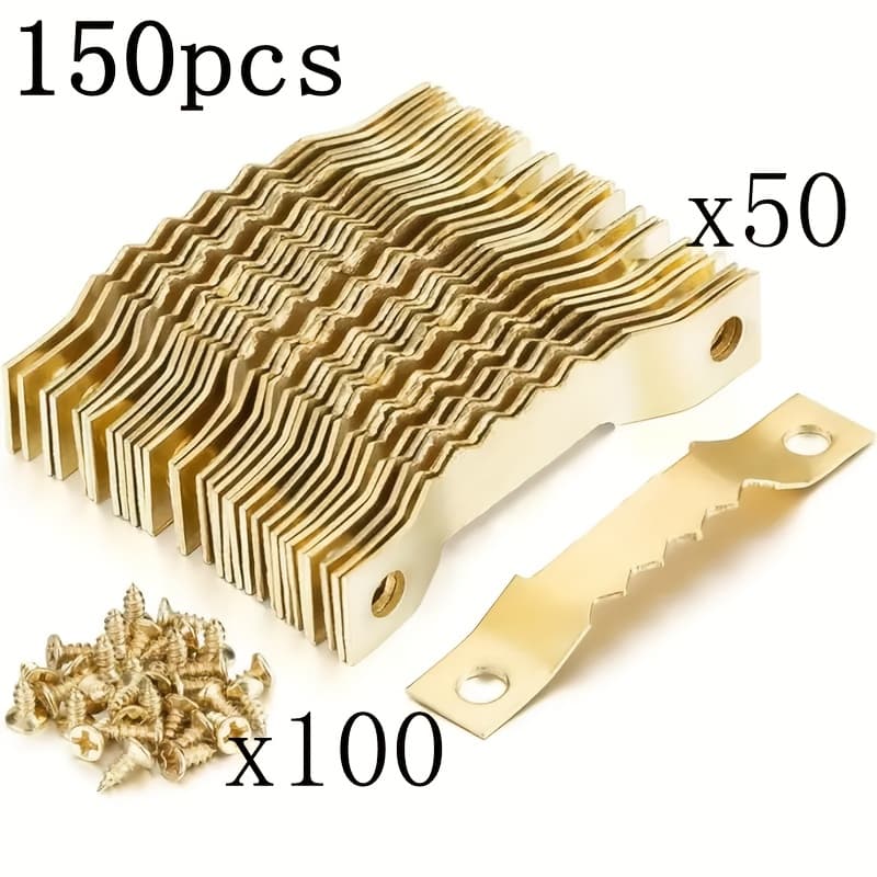 TEMU 150pcs Set: 50 Serrated Picture Hangers, Golden Serrated Hangers/hooks, 100 Screws, For Frames, Paintings, Photos, Artwork, Clocks, Home Decor