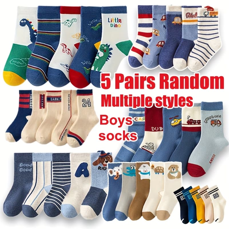 TEMU Random 5 Pairs Boys' Socks Multi-cute Cool Patterns Boys' Socks High Quality Comfortable Wear