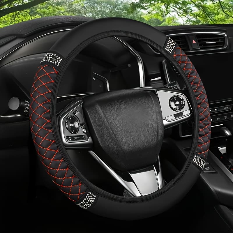 TEMU Steering Wheel Of Pu Embroidery Material With Diamond Inlay, Suitable For Most Models, Use, Without , Car Interior Accessories