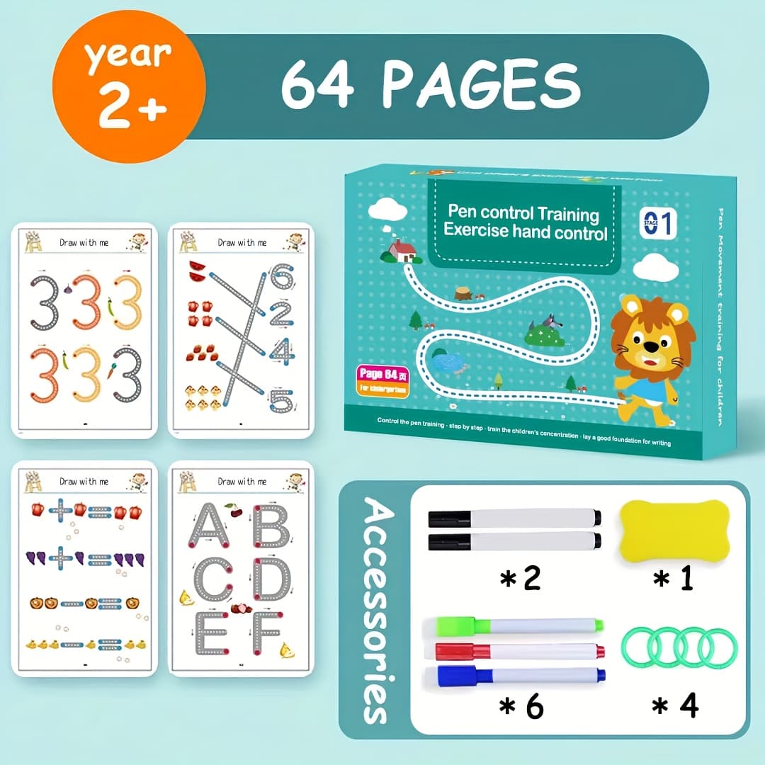 TEMU 64-page Reusable Magic Exercise Book For Little - Educational Material For As A Gift, Pen Control And Tracing Book Wipe Clean!, Gift, Back To School
