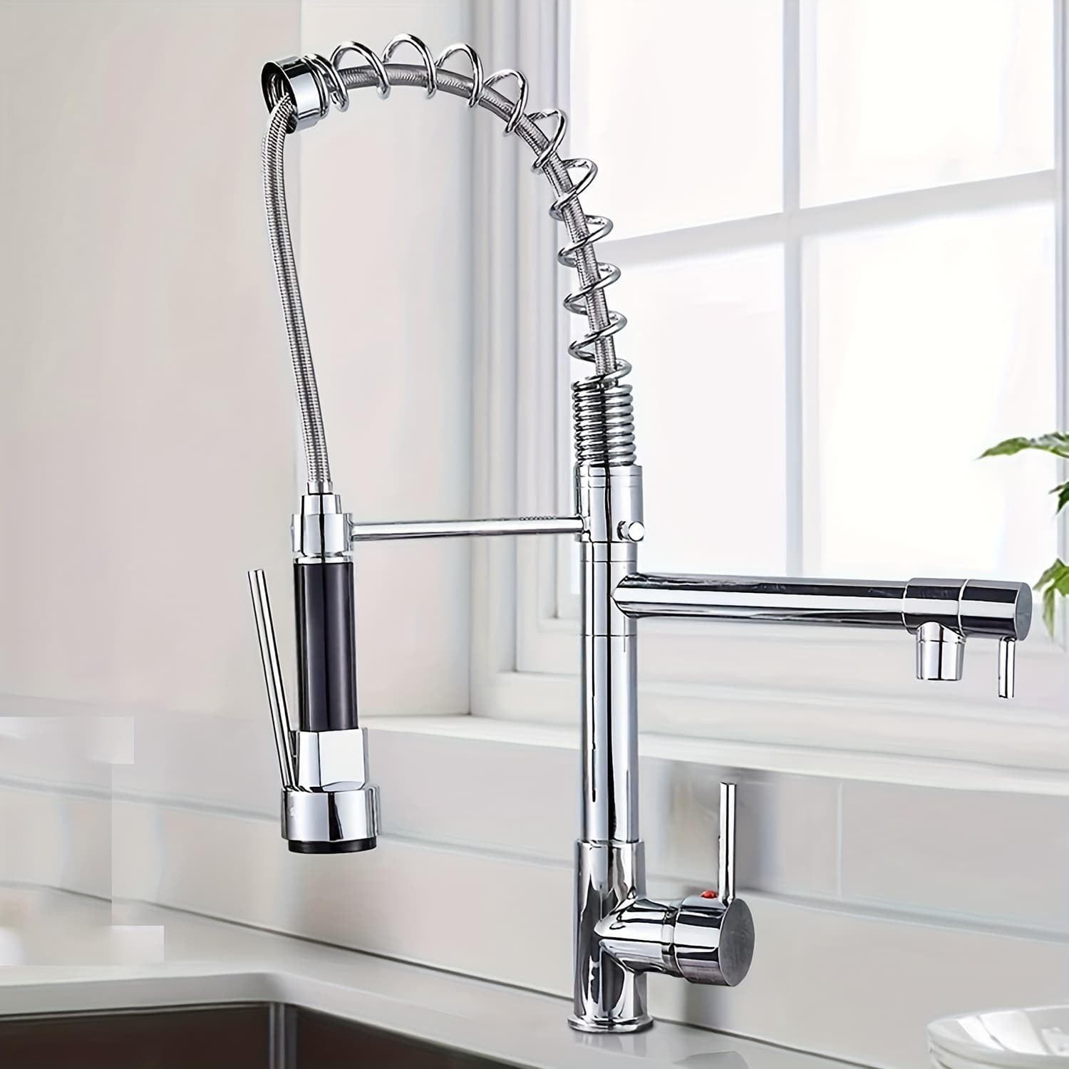 TEMU 1pc Kitchen Sink Tap, Designed For Single Hole Setup, Featuring Dual Spouts For Hot And Cold Water Mixing, , Ceramic Cartridge, And A Commercial-grade Dual Head Stainless Steel Kitchen Faucet
