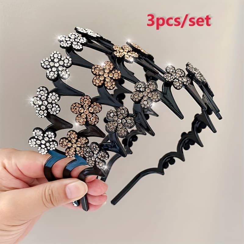 TEMU 3pcs/set New Shiny Toothed Anti Slip Headband, Women's Fashionable Floral Trimmed Hair Headband, Face Washing Headband, Suitable For Daily Holiday Wear