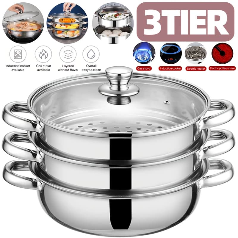 TEMU Kitchen Steamer, Cooking Pot, Stainless Steel Three-layer Multifunctional Steamer, Covered Kitchen Utensils, Suitable For Vegetables, Dumplings, Soups, Sauces, And Food