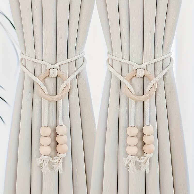 TEMU 2pcs Boho Chic Curtain Tiebacks With Wooden Beads & Tassels - Nordic Style Home Decor