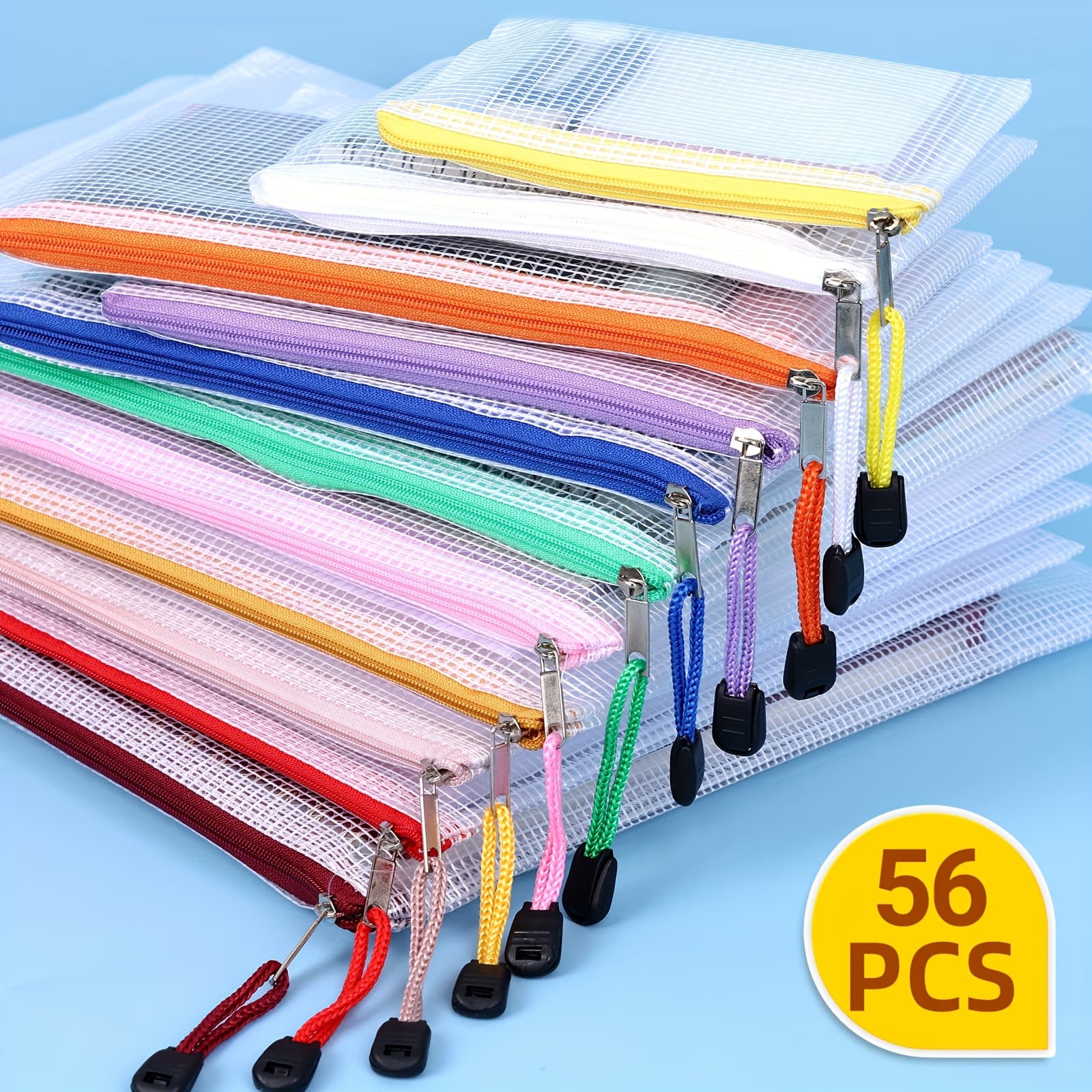 TEMU 30/56/60/112pcs Mesh Zipper Bags, File Sleeve, Extra Large Waterproof Zipper Pouches, 8 Sizes 18 Assorted Colors Plastic Travel Pouch, For Board Games & Puzzles, Office And School Organization