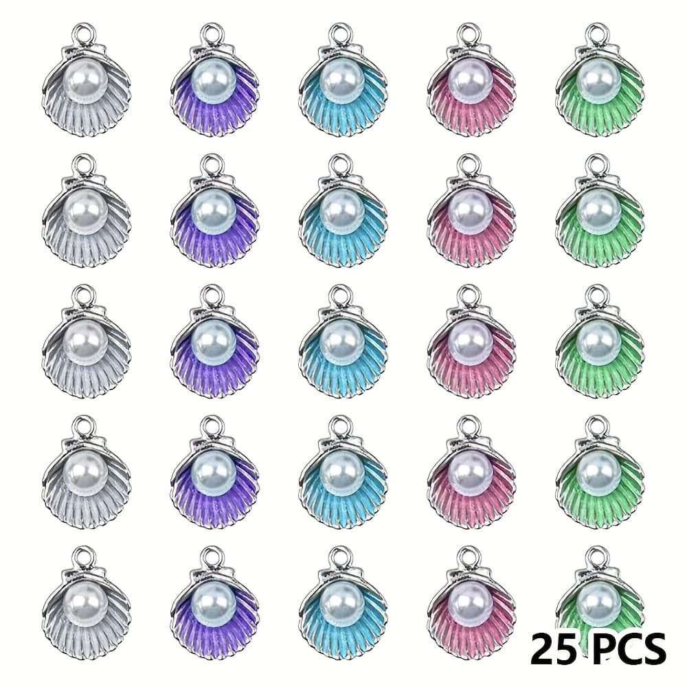 TEMU 25pcs Enamel Clam Shell Pendants Charms With Acrylic White Beads Necklace Bracelet Jewelry Making Supplies Crafting Accessaries