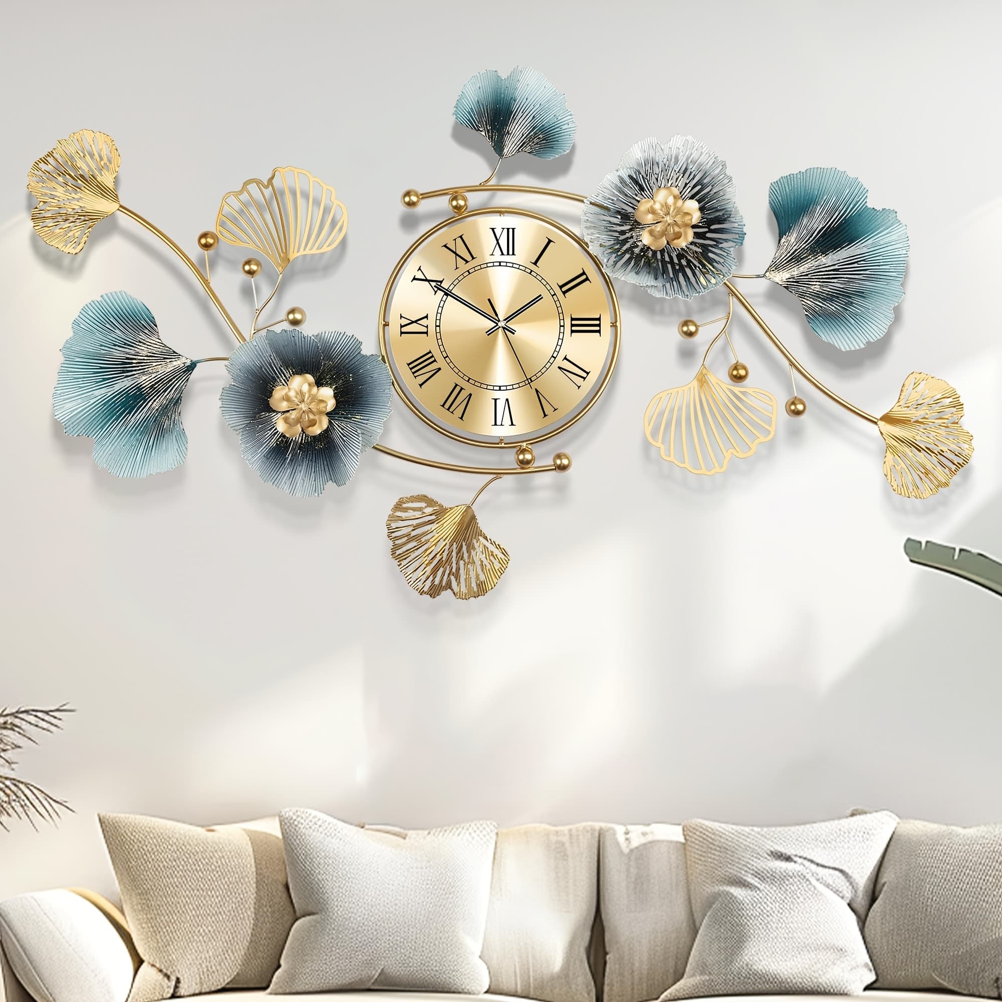 TEMU 3d Ginkgo Leaf Decoration Wall Clocks, 37x20 Inche Large Wall Clocks, Silent Creative Decorative Clock, Creative Metal Flower Wall Clock, For Living Room Bedroom Kitchen