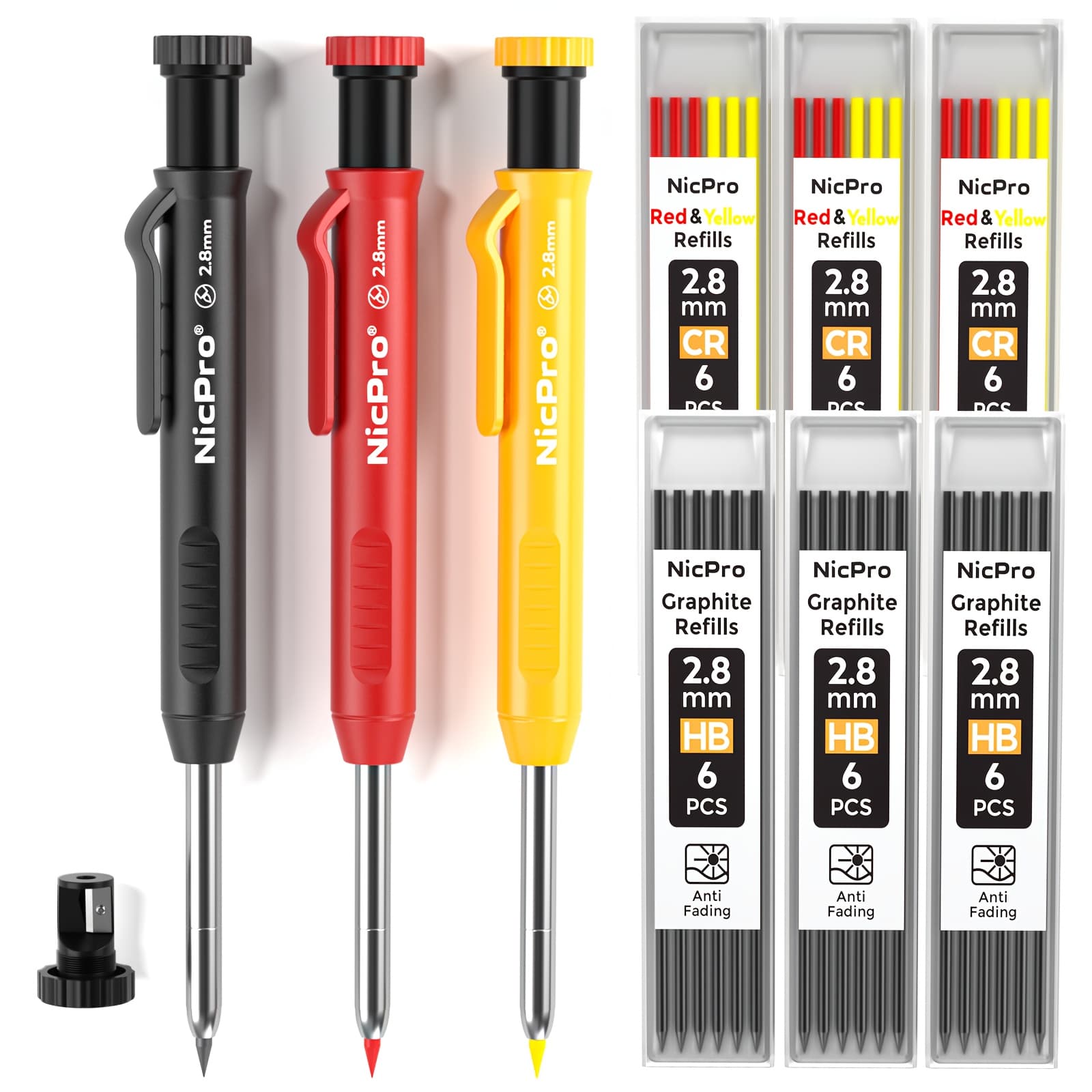 TEMU Nicpro 2/3/4/6pcs Carpenter Pencil Set With Sharpener & Refills - Heavy Duty Mechanical Woodworking Pencils For Construction, Drafting - Portable Case Included