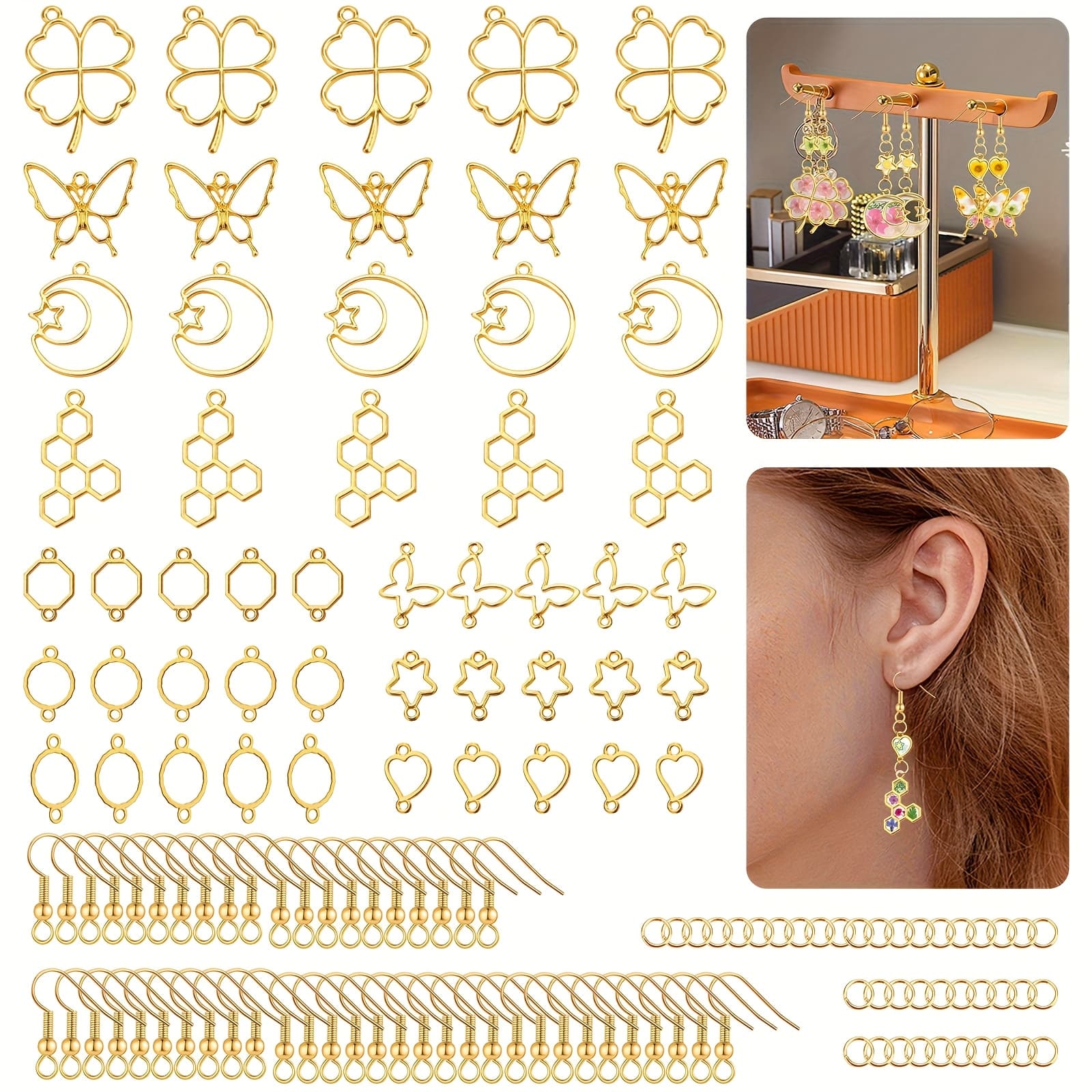 TEMU 150pcs Open Bezels For Resin, 10 Styles Of Golden Hollow Frame Pendants Bezels With 50pcs Ear Hooks And 50pcs Jump Rings, For Jewelry Necklaces Earrings Making, Gift For Mother &