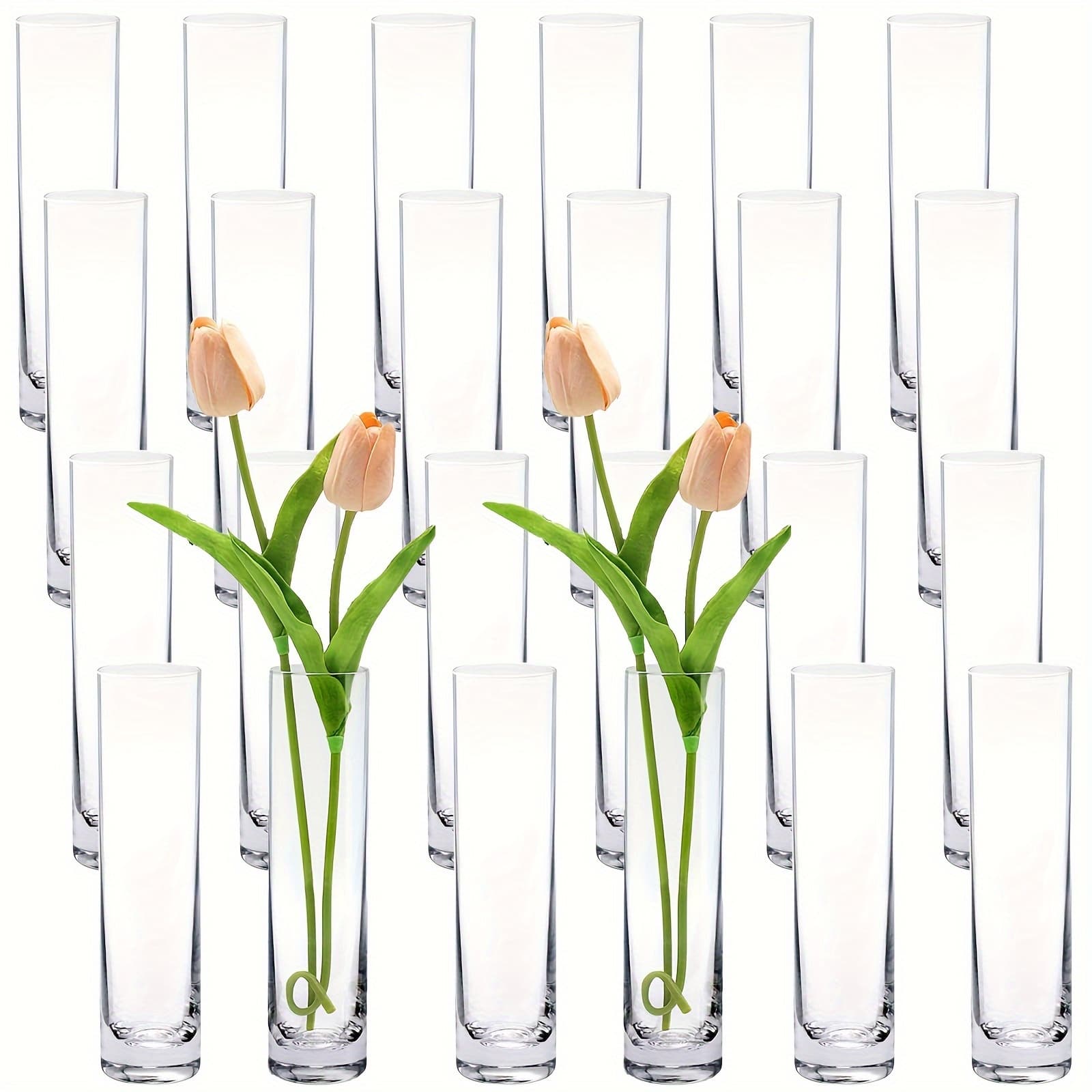 TEMU Set Of 24 Clear Small Vase, Glass Cylinder Bud Vase, Handmade Slim Vase, Christmas Party, Wedding Table Ornament, Single Rose Vase, Home Aesthetic Desk Ornament, Party Ornament, 7.5 Inch