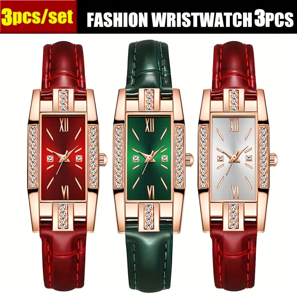 TEMU 3-pack Elegant Women's Faux Leather Strap Watches, Popular Studded Women's Fashion Watch Sets