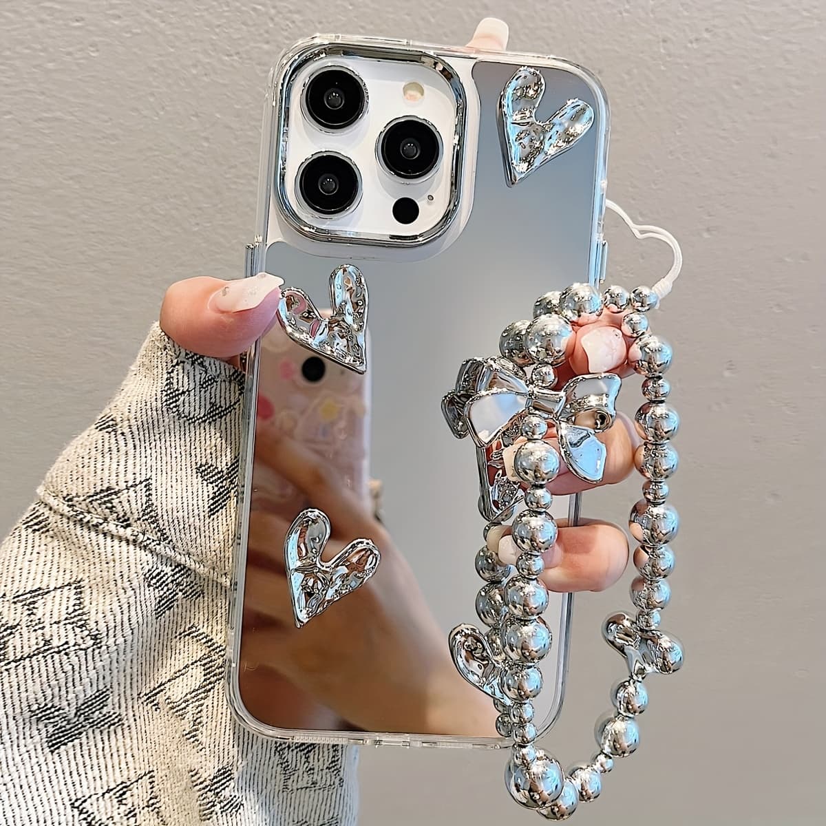 TEMU Phone Case - Electroplated 3d Pleated Heart Phone Case With Bracelet For Iphone 17 16 15 14 13 Pro Max, Suitable For Women's Outdoor Touch-up Mirror Shockproof Phone Protector