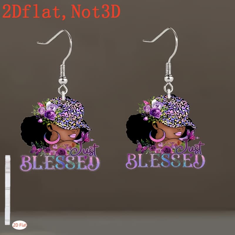 TEMU 2d Flat, Just Blessedj Bohemian Floral & Leopard Print Earrings - Flower Accessories With & Purple , Daily Wear Or Gift Suitable For Parties, Weddings, Earrings, 2d Flat