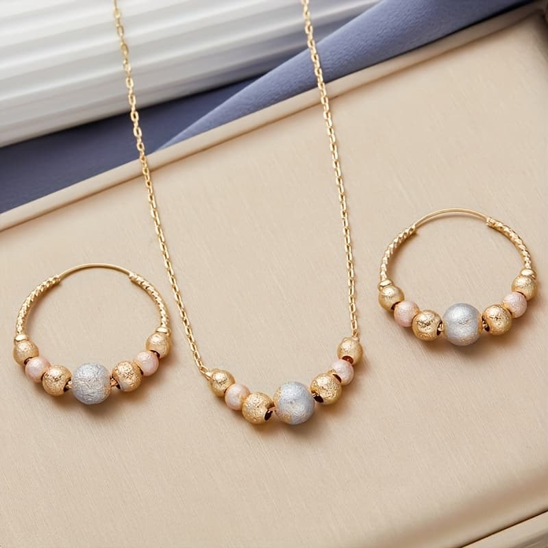 TEMU 2 - Piece Set Of Exquisite Frosted Round Bead Earrings And Necklace. Chic, Versatile Jewelry For Daily Use - An Ideal Birthday Gift For Female And .