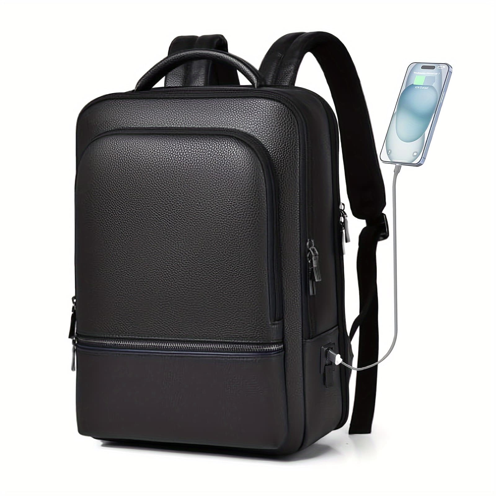 TEMU Genuine Leather Laptop Backpack For Men .6 Inch Laptop, Business Work Office Medium Backpack With Usb Charging Port, High Quality Black Travel School Bag
