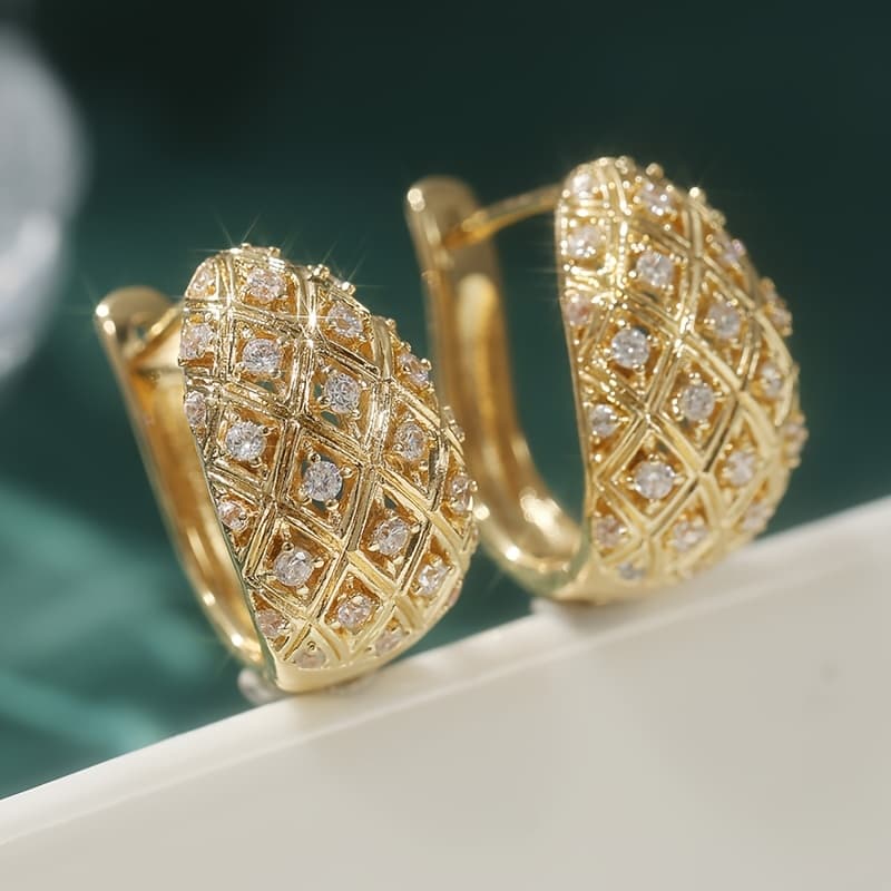 TEMU Golden Color Hoop Earrings Style Woven Hollow Out Synthetic White Cubic Zirconia Ear Stud Earrings For Women High Wedding Party Jewelry