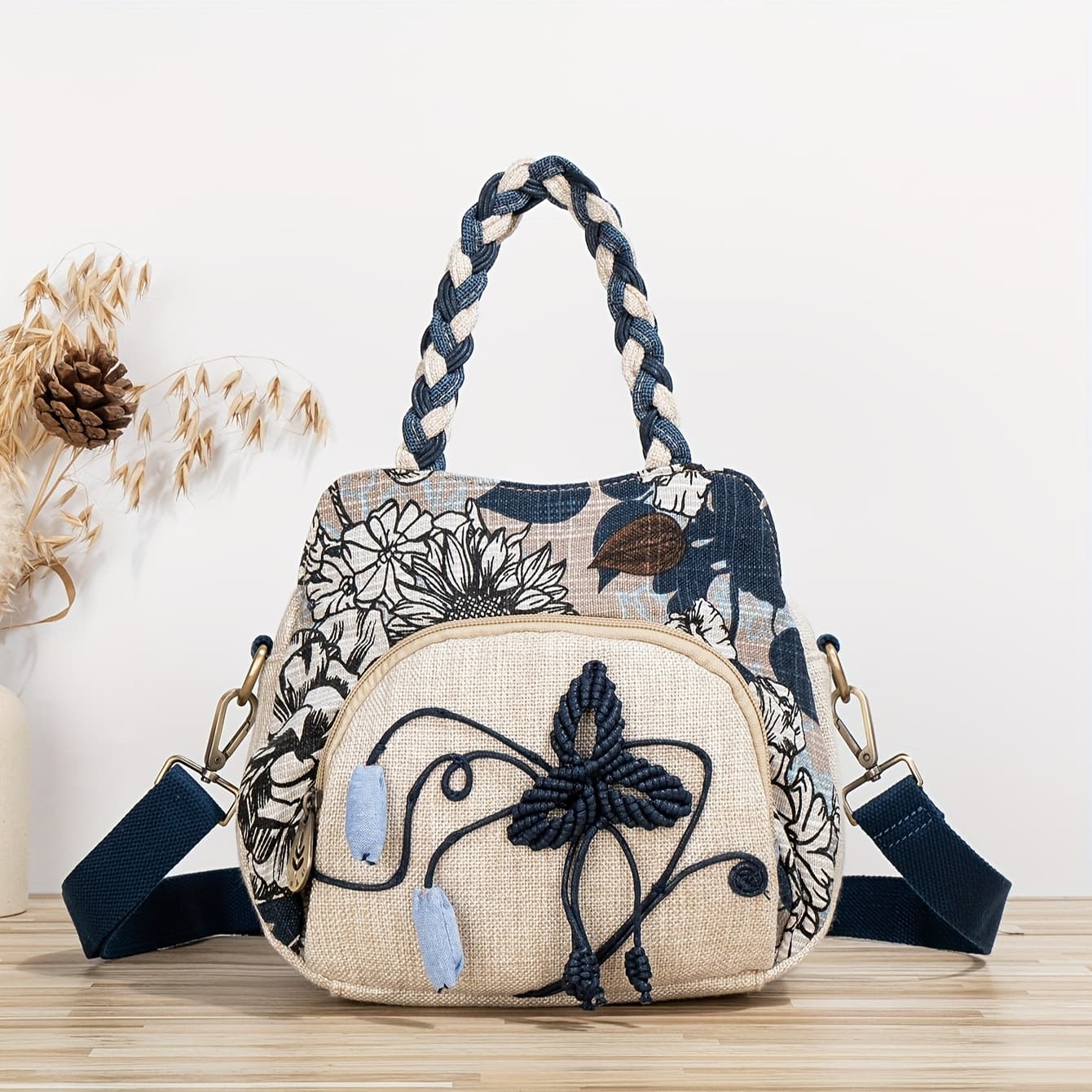 TEMU 1pc (random Trim) Bohemian Style Flower Handbag Body Bag Multi-compartment Toiletry Bag