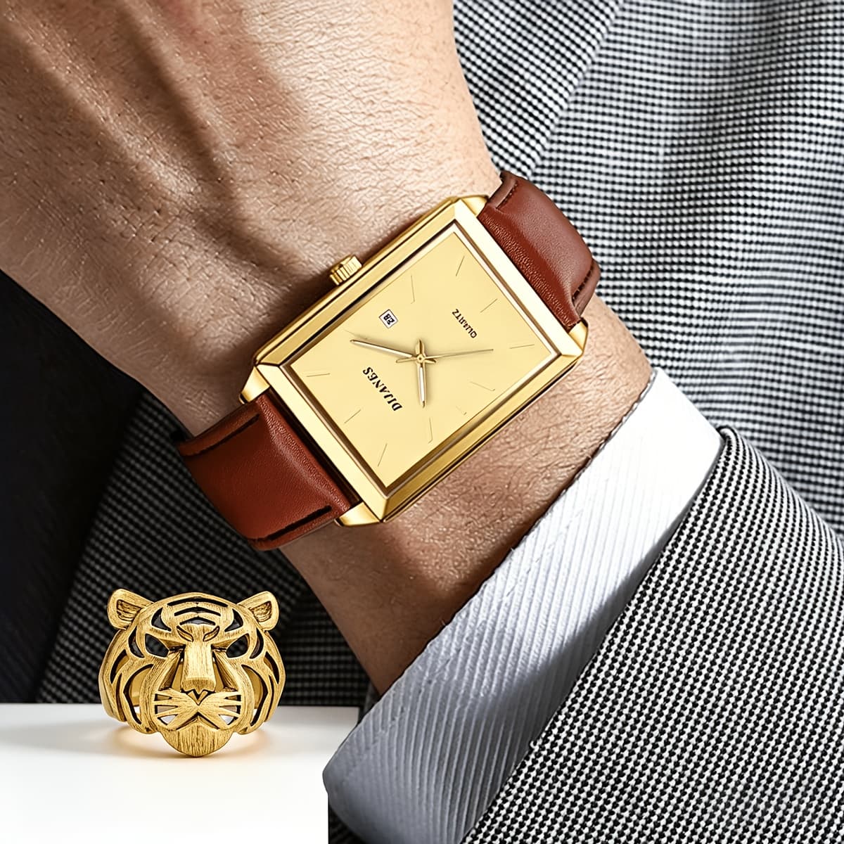TEMU 2pcs Luxury Men' Watch Ring Set Quartz Date Men Watches Classic Business Casual Men Watches Ring Set