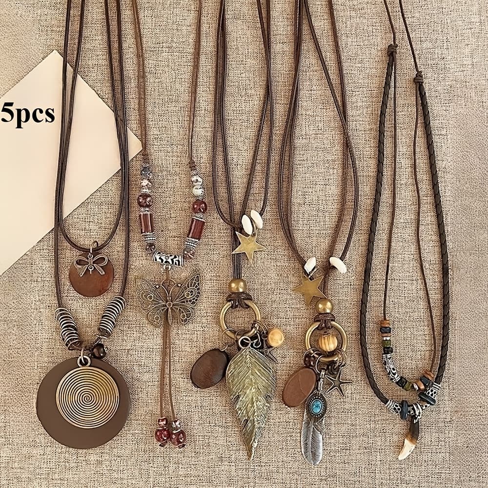 TEMU 5pcs Necklace, Bohemian Retro Necklace, Long Double-layer Sweater Chain, Y-shaped Necklace, Fashionable And Elegant, Feather Leaf Star Pendant, Suitable For Daily Wear, Attending Banquets, Gifts