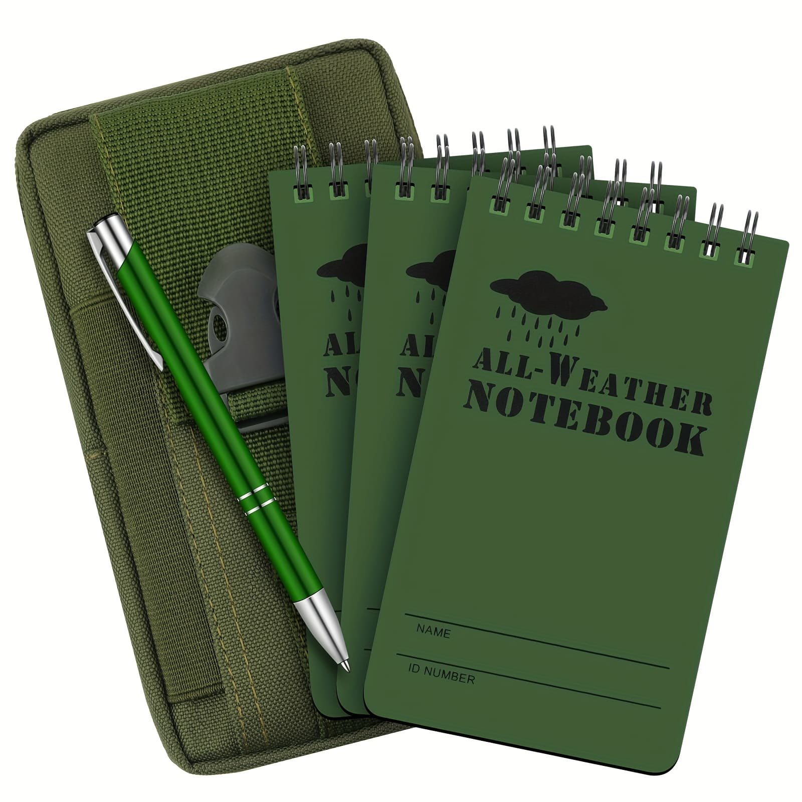TEMU 5pcs Tactical Notebook & Pen Set With Metal Pen & Fabric Cover - 3x5 Inch Pocket-sized Pocket Journal, Horizontal Ruled Pages Suitable For Outdoor,, Camping,, Office, Gear