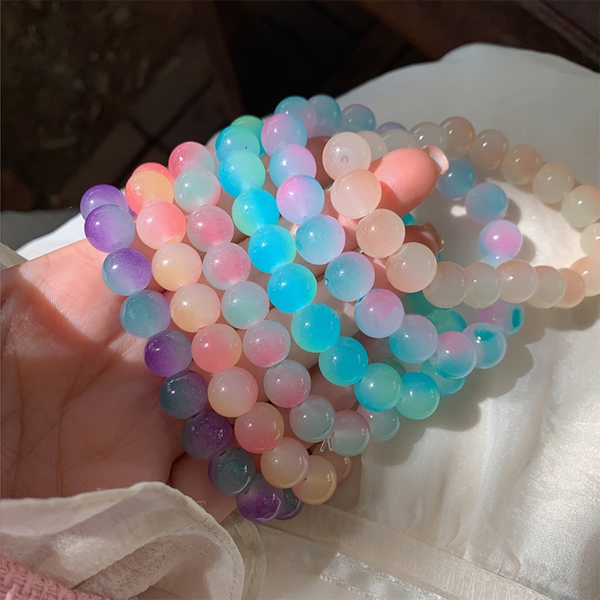 TEMU 3pcs 10mm Glass Bead Bracelet, Elastic Beaded Bracelet, For Minimalist Fashion Enthusiasts, Bohemian Style, Versatile Accessory For Any Outfit