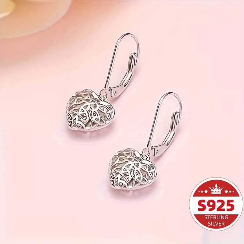 TEMU S925 Sterling Silver Hollow Heart-shaped Hoop Earrings - Exquisite For Ladies - Perfect For , Banquets, Valentine's Day, Anniversaries, And Special Occasions
