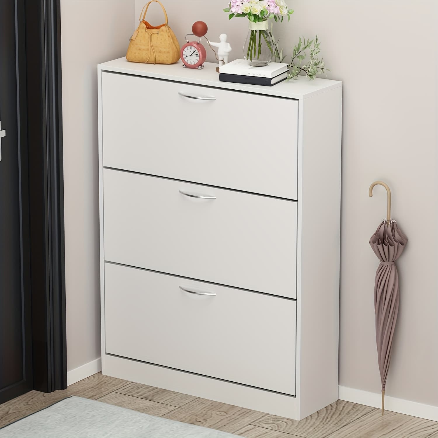TEMU Modern White Shoe Storage Cabinet With 3 Flip Drawers, Wooden 3-tier Shoe Rack Storage Organizer, Shoe Cabinet For & Bedroom, , White, Easy Assembly