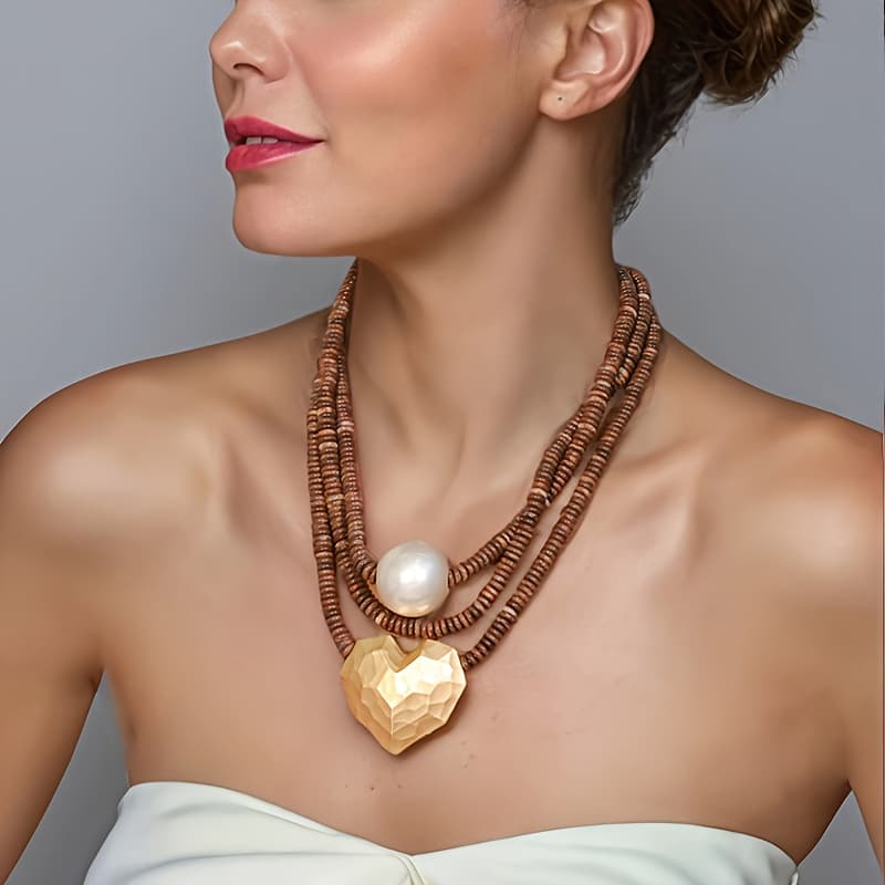 TEMU A Wooden Bead Necklace Featuring A Pendant With A Vintage Ethnic Style.