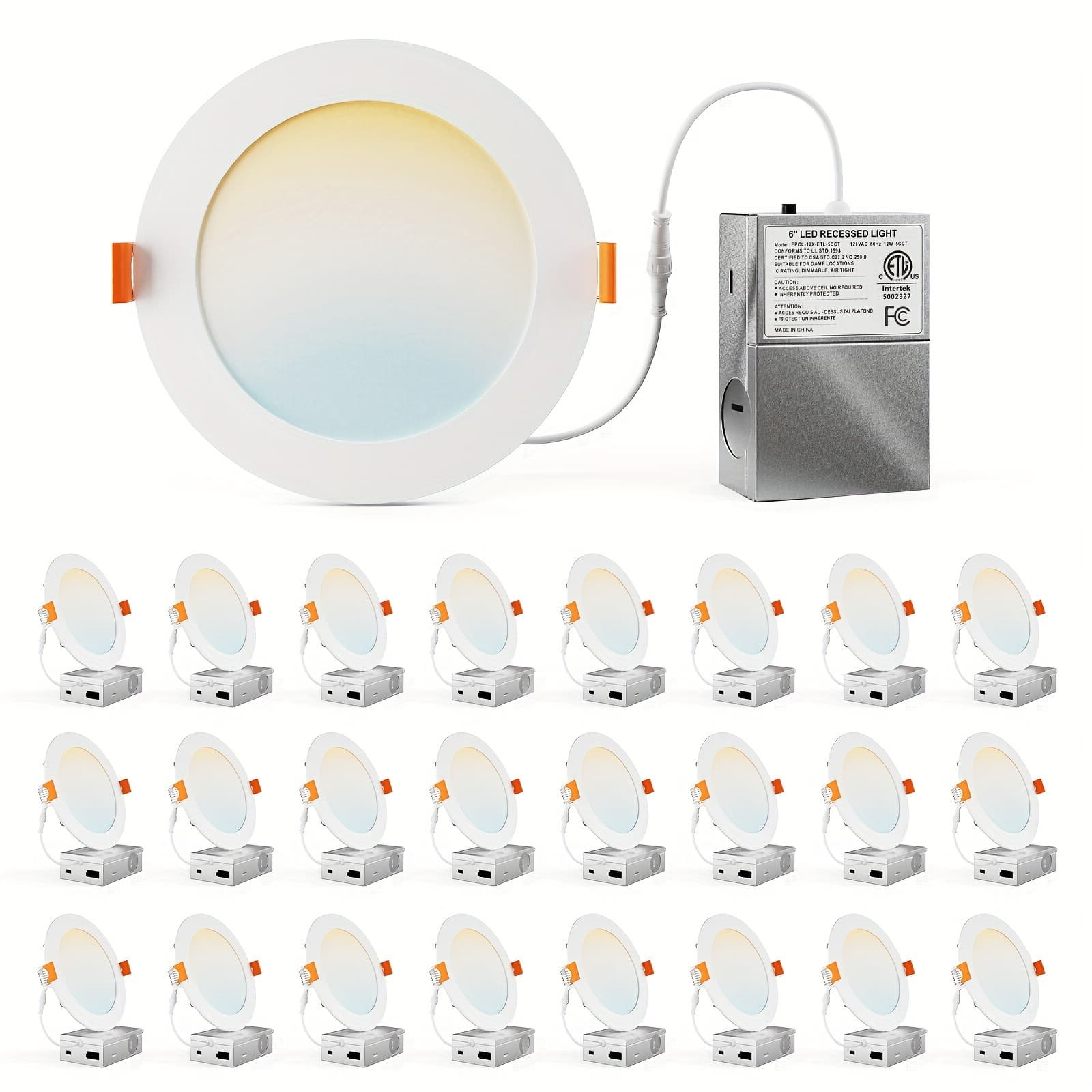 TEMU 24 Pack 6 Inch Led Recessed Lighting | Ultra-thin Ceiling Light With Junction Box, 2700k/3000k/3500k/4000k/5000k Selectable, 12w 1050lm High Brightness, Dimmable Can Light - Etl&fc