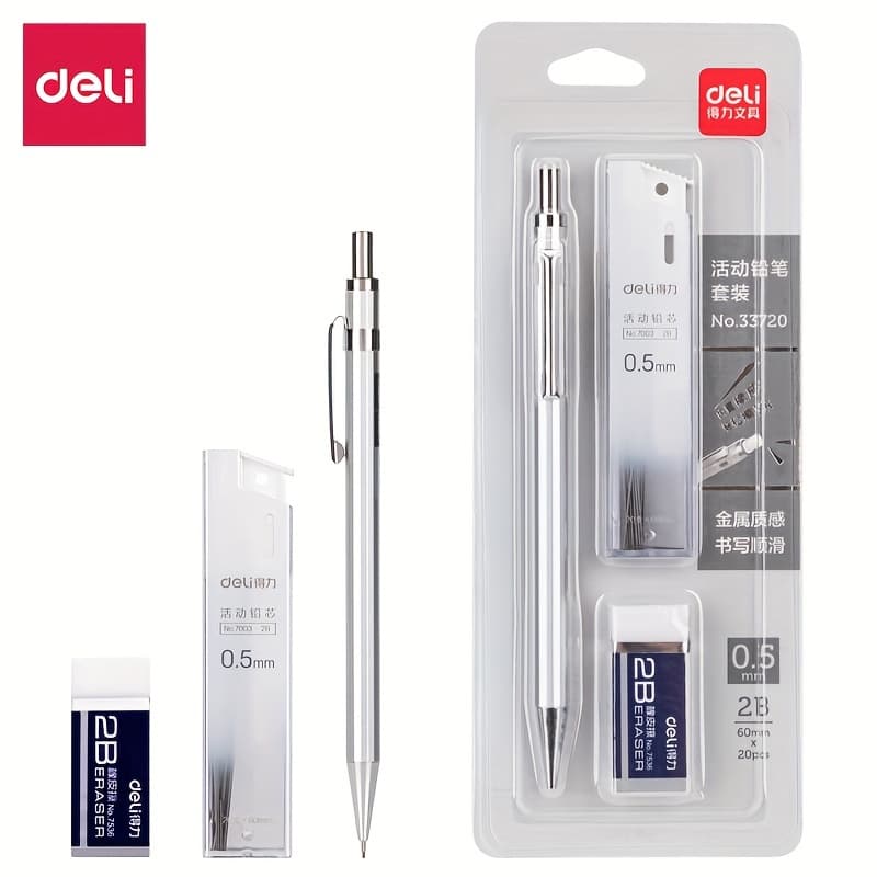 TEMU Deli Mechanical Pencil Set, Includes Eraser & Pencil Lead, Metal Spray Paint Body, Graphite Resin Lead , Daily And Note