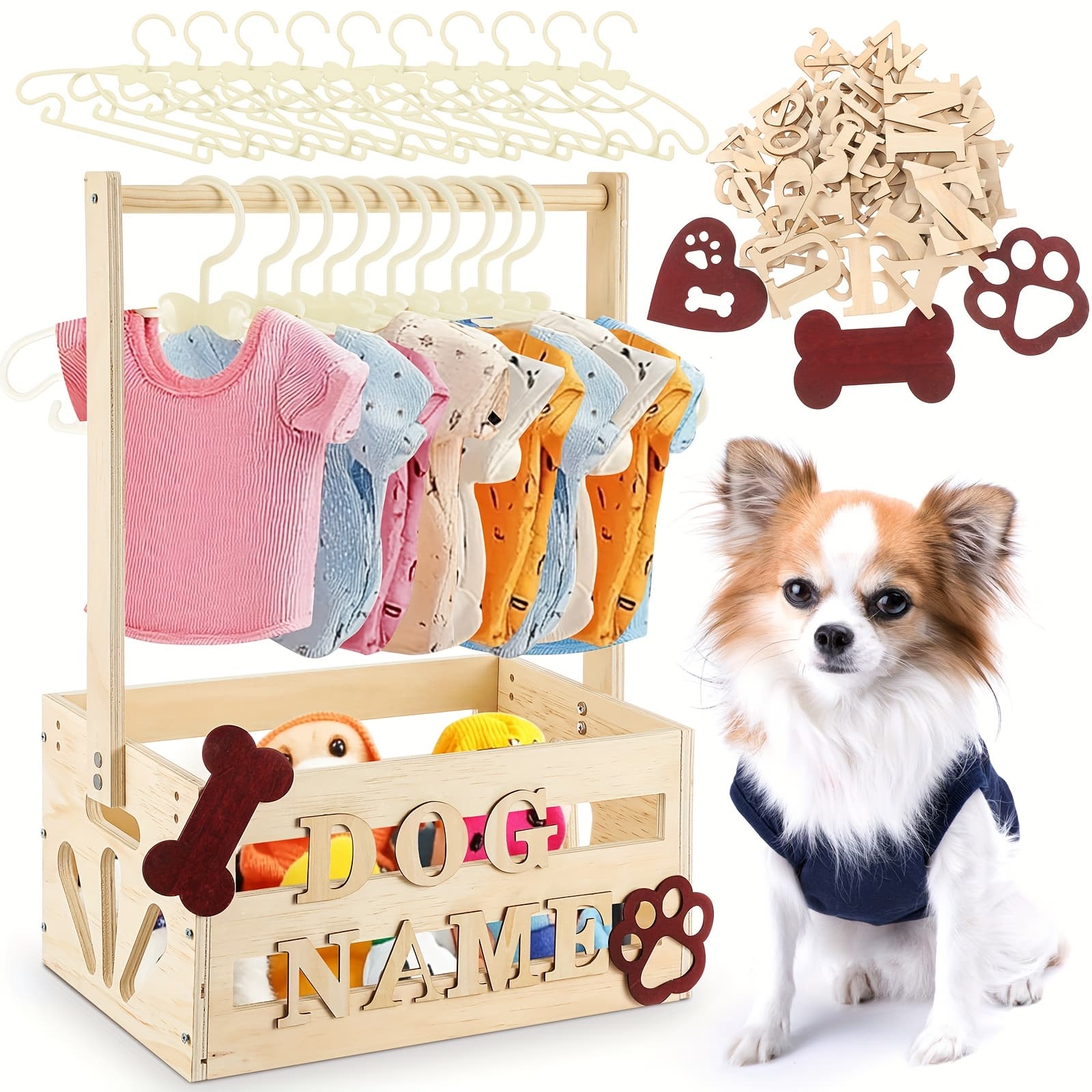 TEMU 20 "x 13" X 9 "wooden Pet Wardrobe Box With Hanging Pole And Pet Letters, Easy To Assemble Basket, Suitable For Toy Clothing Accessories (wooden)