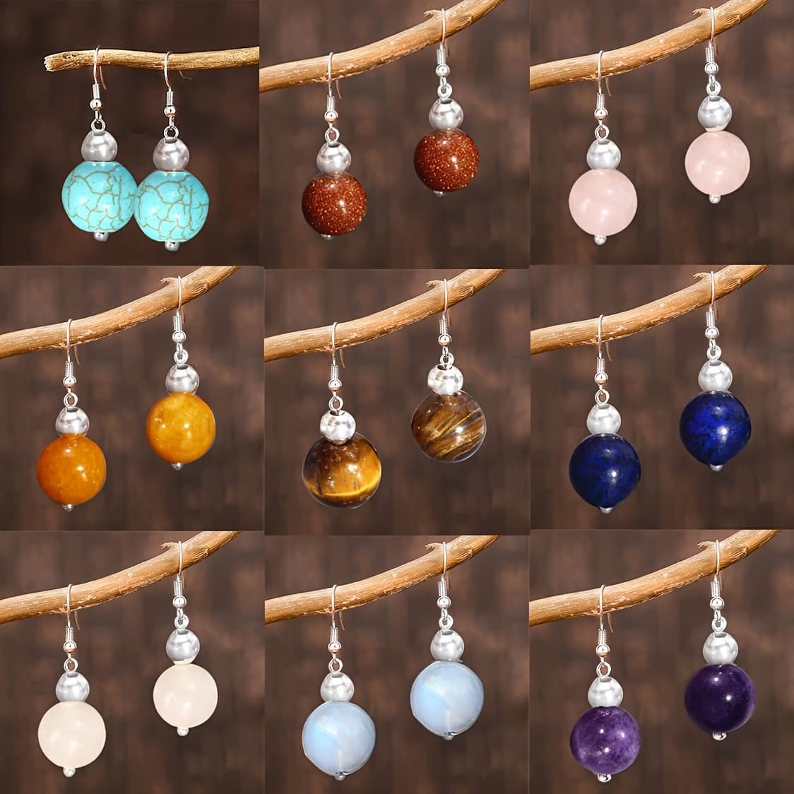 TEMU 9 Pairs Handmade Natural Stone Earrings |tiger Eye Bead Earrings,rose Earrings, Lapis Earrings, Bohemian Style Practice, Wedding Engagement Party Jewelry Gift