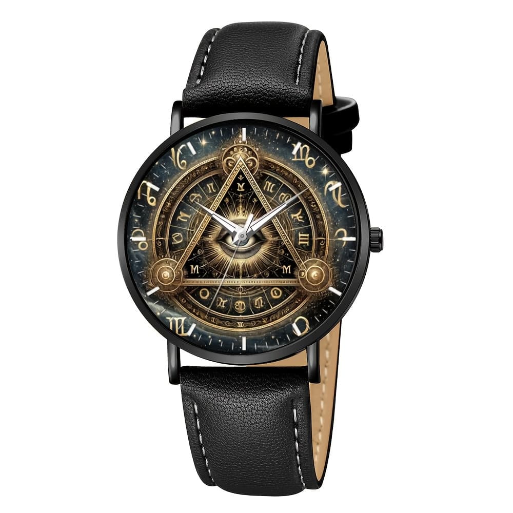 TEMU A Vintage-style Wristwatch Featuring A Black Quartz Design With Bohemian Elements, An Eye Motif, And A Triangular Zodiac Roman Numeral Dial