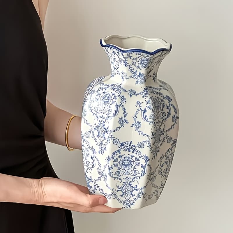 TEMU Blue And White Ceramic Vase Suitable For All , Styles. Vintage Blue And White Ceramic Vase, Hand-painted Decorative Vase For Centerpiece Table Displays. Rustic Farmhouse Decor