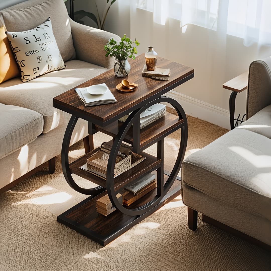 TEMU Rustic Brown 4-tier Industrial End Table - Wooden Narrow Side Table With Storage Shelves & Geometric Metal Frame, Multi- Table For Living Room & Bedside Table For Bedroom (1pc)