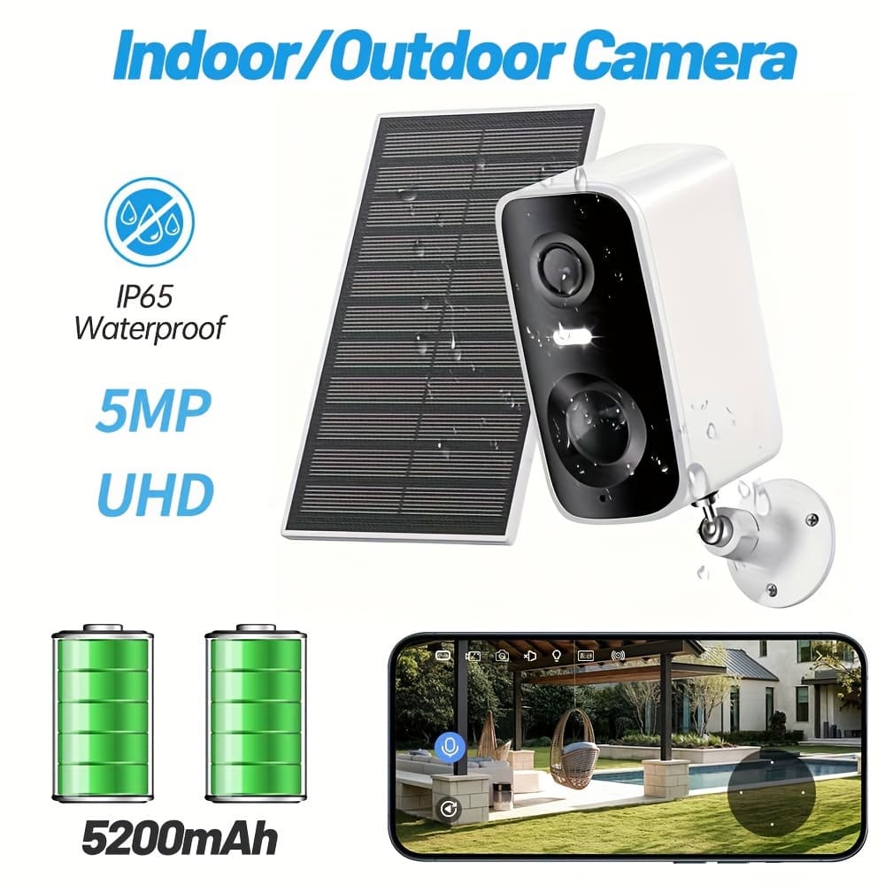 TEMU 5mp Solar Security Camera, Wireless Outdoor Indoor Smart Camera, 360° View And Detection, Audio, Color Night Vision, Ip65 Waterproof, 5200mah Battery, 24/7 Recording, For Home/garage/commercial