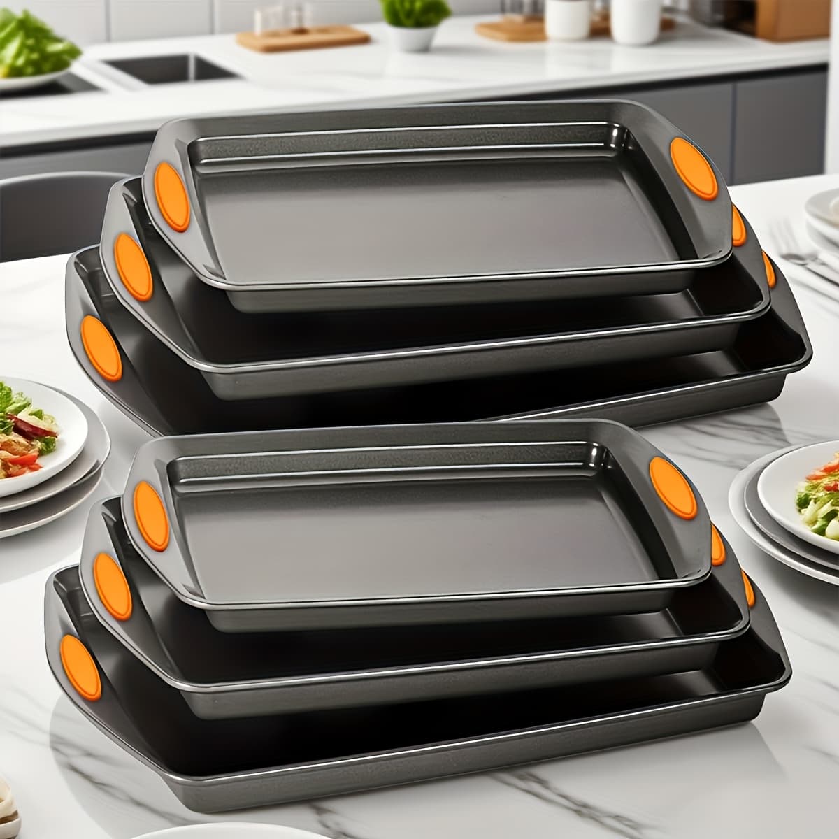 TEMU 2/6pcs Baking Sheet Set, Assorted Size Cookie Trays With Silicone Handles, In Gray, Black & Golden, Stackable Bakeware For Baking & Roasting