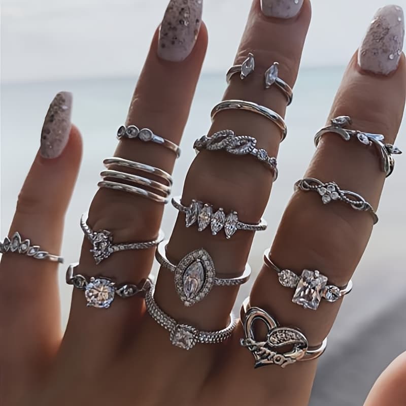 TEMU 15 Droplet Ring Hollow Set Heart-shaped Finger Additions Retro Hip-hop Trendy Additions