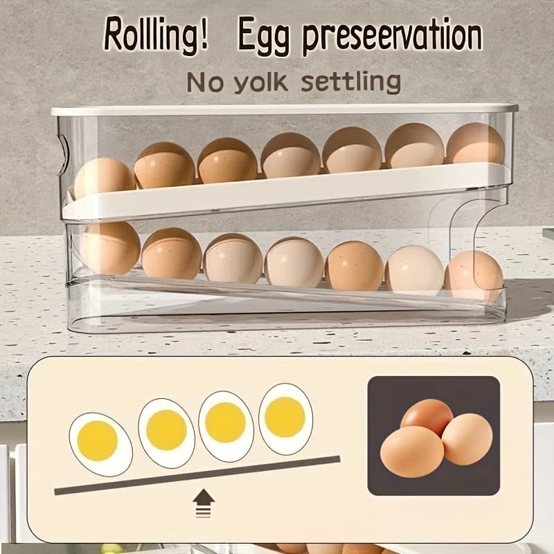 TEMU Automatic Rolling Sliding Egg Rack, Space-saving Design With Sliding Tiers And Transparent Compartment, For Kitchen And Refrigerator Storage, Durable No Batteries Required
