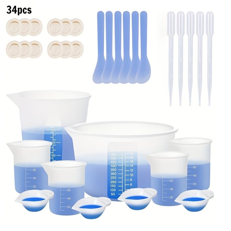 TEMU 34pcs/36pcs Durable Silicone Resin Mixing Kit - Complete Epoxy Measuring Tools With 600ml, 250ml, 100ml Cups & Stir Sticks - Resin Supplies