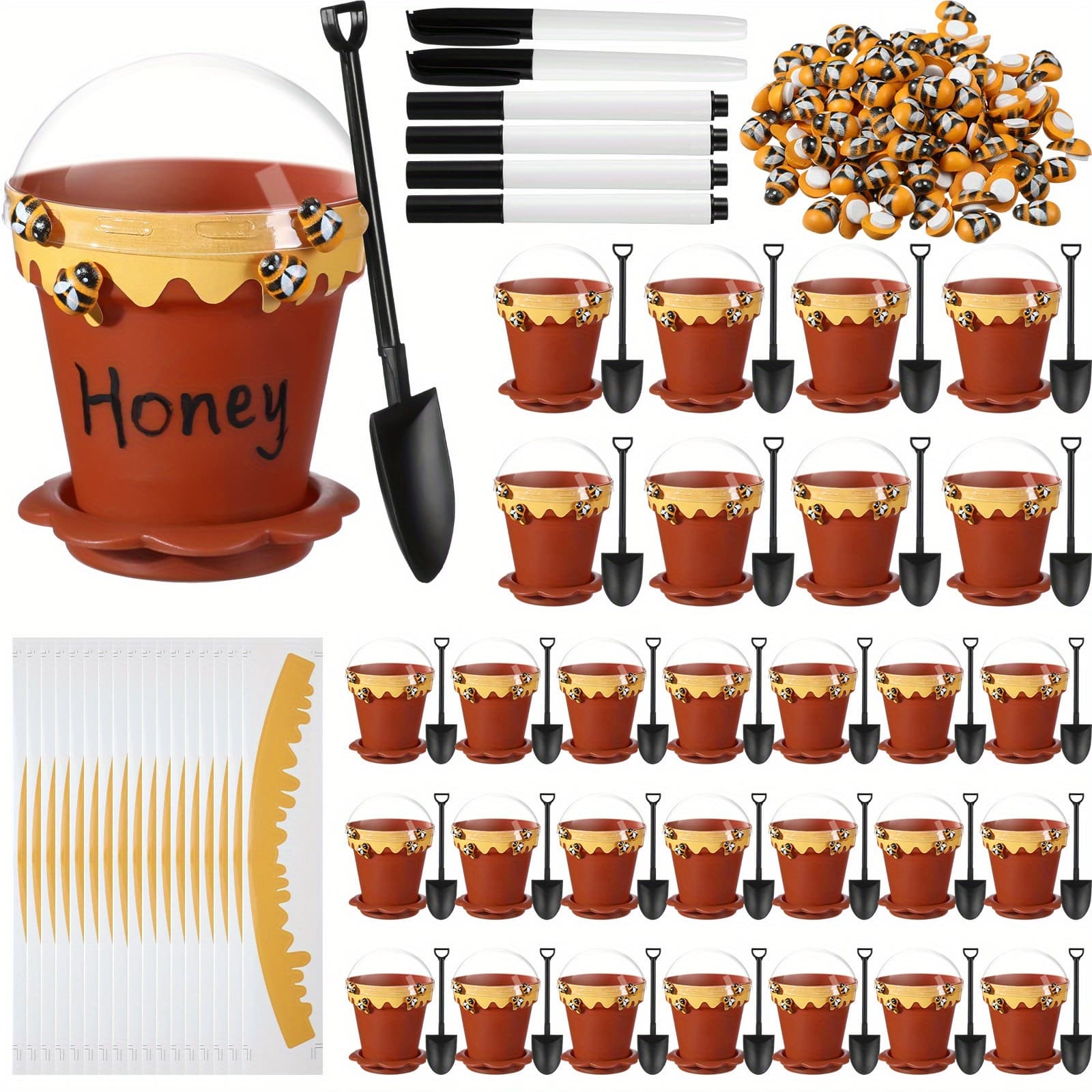 TEMU Bee Pots With Lids, Spoon, Saucers And Bee Charms - 6.76 Oz Plastic Honey Jars For Cupcake Themed Party Favor, Wedding Party Decoration