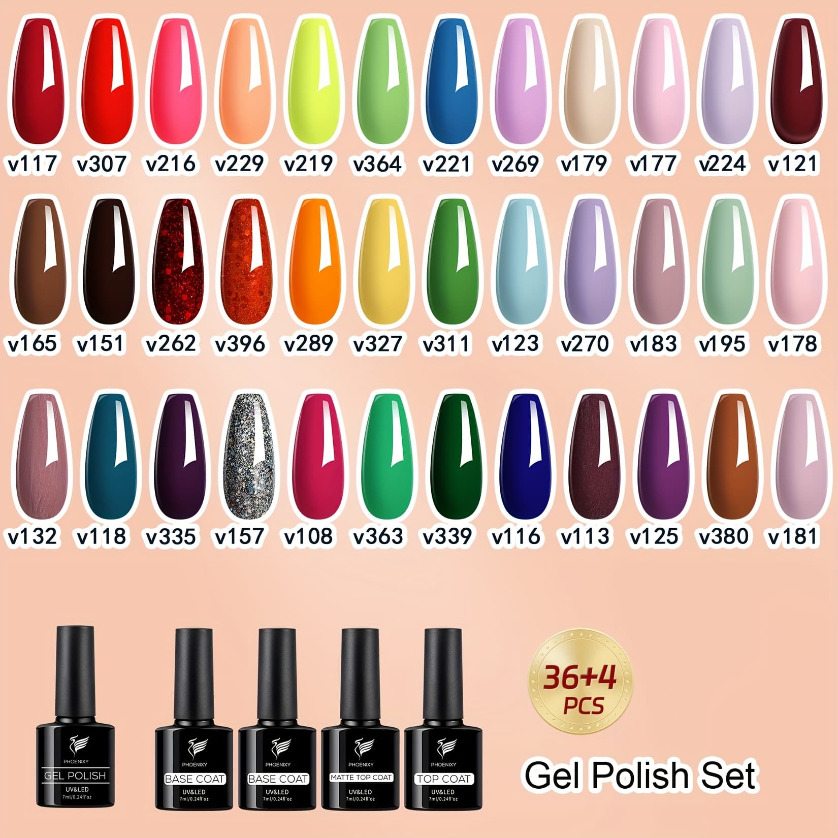 TEMU Phoenixy 40pcs Gel Nail Polish Set, 36 Colors Gel Polish Red Green Yellow Base Nail Polish Set Manicure At Home Nail Kit Gifts For Women (pce9008)