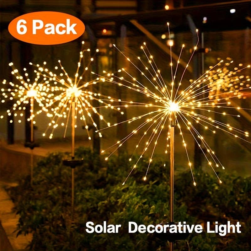 TEMU 6 Pack Solar Firework Lights Outdoor Waterproof, 540 Led Usb C Charging Garden Lights 8 Lighting Remote Control, 4 Brightness Starburst Firework Lamp For Path Party Yard